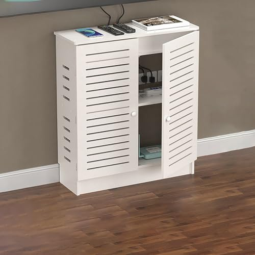 BAYTEWJX Wooden Floor Standing Router Storage Box Home WiFi Media Storage Cabinet with Doors and Shelves for Living Room Office Bedroom.(White,60x70x20cm)