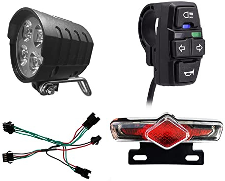E-Bike Licht Set mit Front- und Rücklicht, Eingang 36V 48V 52V 60V, inklusive DK336 Hupe und Drehschalter, schwarz, ideal für Radfahren und Sicherheit