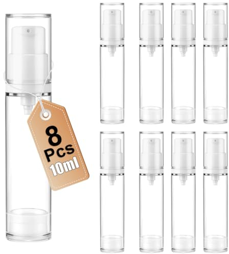 8 Pcs 10ml Airless Pump Bottle, Refillable, Leak Proof, Portable | Travel Containers for Toiletries, AS Material, Vacuum, Transparent, No BPA, for Lotion, for Moisturiser, for Shampoo