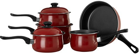 Premier Housewares Steel Pan Set Pots And Pans Sets Non Stick Kitchen Set Cooking Pans Steel Cookware Set Cookware Red 5 Piece