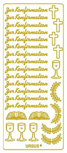 Ursus 59300031 - Kreativ Sticker, Konfirmation, gold, 5 Blatt, selbstklebend, ideal zur Kartengestaltung und zum Dekorieren von Geschenken, Stickerbogen ca. 10 x 23 cm