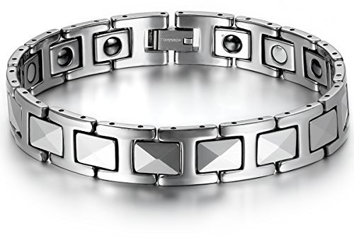 JewelryWe Magnetarmband Herren Wolfram Armband: 12mm Breit I Rechteck Link Wolframcarbid Magnet Armbänder Männer Gesundheit Magnetische Armkette Armreif Silber