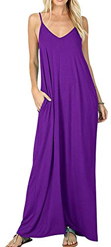 Robe Longue Boheme Plage Sans Manche Col V Femme Ete Droite Fluide Grande Taille Maxi Robe Habillee Boho Été Jolie Robe Longue Uni Fete Élégante Cintrée Ample Simple Bohème Vacances Classique Violet S