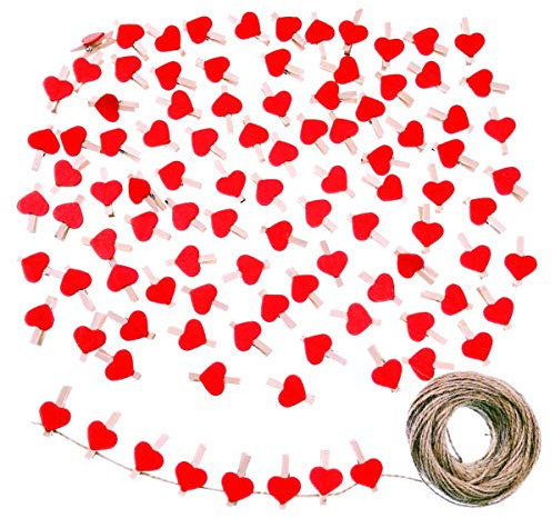 JZK 100x Coeur Rouge Mini Pince à Linge en Bois 3 cm + Ficelle de Jute 30m pour Décoration de Carte de Titulaire de Photo de Fête de Mariage Bricolage Décoration