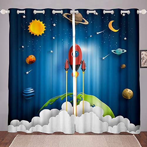 Tende per finestre con astronauti e razzi blu, per camera da letto e salotto, per bambini, ragazzi e ragazze, con stampa di razzi spaziali, decorazione per la stanza, 167,6 x 228,6 cm (larghezza x