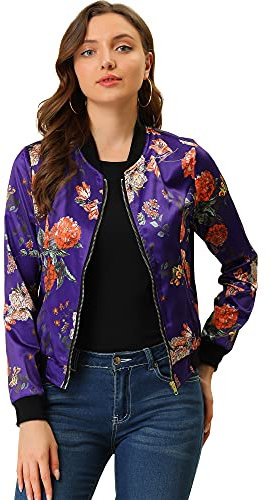 Allegra K Damen-Bomberjacke, Satin, langärmelig, Reißverschluss, Blumendruck, lässiger Herbstmantel mit Tasche, Winter-Outwear, deep purple, L