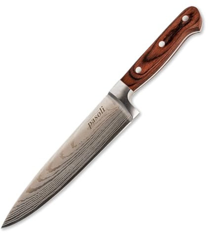 pasoli Professionelles Chefmesser - Edelstahl mit Klingenschutz und edlem Holzgriff - Rasiermesserscharfes Schneidewerkzeug, Küchenschneidezubehör, Kochutensilien - 20cm lang, solider 7CR17-Kern