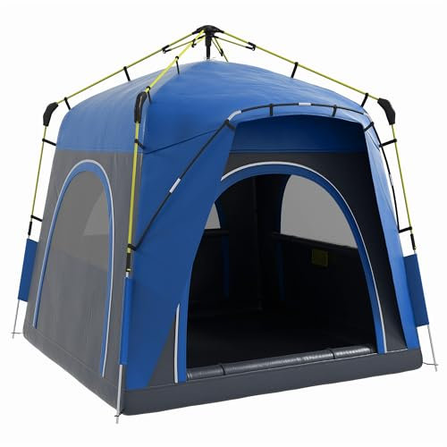 Outsunny Tente de Camping, Tente Pop up dôme familiale 4 Personnes, avec 4 Portes 4 fenêtres Sac de Transport Inclus pour Le Camping randonnée Bleu Gris