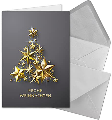 NEUSER PAPIER 50 XL Weihnachtskarten-Set DIN A5 mit goldenem Weihnachtsbaum aus Sternen - Faltkarten mit passenden Umschlägen DIN C5 Hellgrau mit Nassklebung - Weihnachtsgrüße für Firmen und Privat