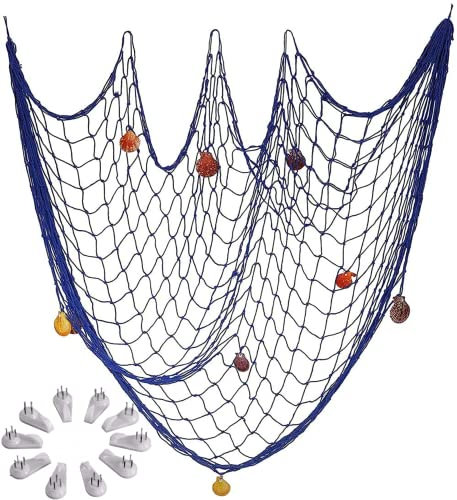 Fish Net Wall Decor Nautical Mediterranean Style Photo Hanging Display Frame with 9 Sea Shells for Christmas Birthday Party Decorations Ornaments 39 x 79 inch (Blue)
