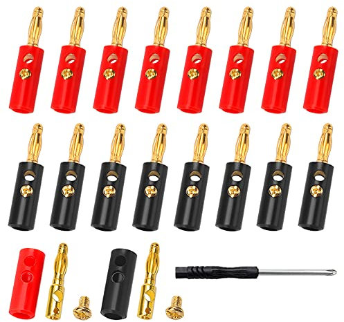 18 Stück 4mm Lautsprecher Bananenstecker, Bananen Stecker Gold Überzogener, mit Schraubendreher, für Lautsprecherkabel, Heimkino, Wandplatten (9 schwarz, 9 rot)