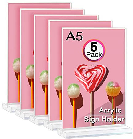 Gocoffun Acryl-Schilderhalter A5, transparenter Acryl T-Form Tisch-Präsentationsständer, doppelseitig für Menü-Display, ideal für Büro Geschäft Restaurant, Papierschreibtisch-Display (5 Stück)