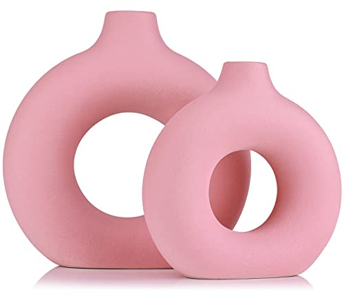 Vasen-Deko, Donut-Vasen, kreisförmige Hohlvase, Moderne Matte Keramikvase für Eingangsbereich, Wohnzimmer, Schlafzimmer, Esstisch, Tischdeko, Büro, Wohndeko, Rosa, 2er-Set