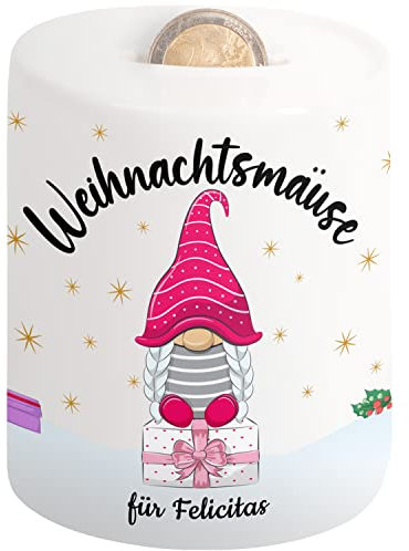 Geschenk zu Weihnachten: Kinder Spardose personalisiert mit Namen „Weihnachtsmäuse für Dein Name“ Weihnachtsgeld-Sparbüchse für Jungen und Mädchen - persönliches Wichtel-Sparschwein | Geldgeschenke