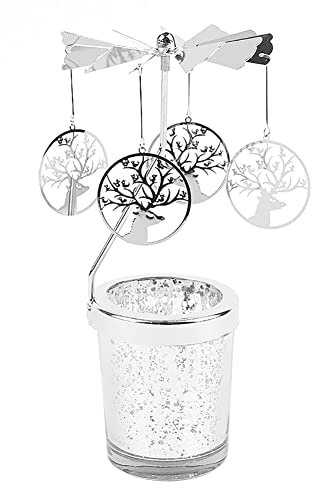 Surakey Windlicht Teelichtkarussel aus Glas Teelichthalter,Silber Karussell Teelichter Kerzenhalter,Motiv Elch Windlichter Teelicht Kerzen Halter Geschenk Dekoration für Hochzeit,Weihnachten