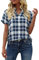 GeGekoko Camicetta da donna a quadri, a maniche corte, casual, con scollo a V, con bottoni, Blu, L