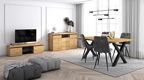 Skraut Home - Wohnzimmermöbel-Set | Tisch 170 X-Beine 8 Personen | Lowboard 140 | Sideboard/Buffetschrank 140 | Eiche und Schwarz | Industrieller Stil