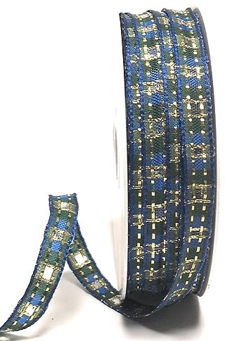 s.dekoda Schleifenband 50m x 10mm Blau -Grün - Gold kariert Karoband Dekoband Geschenkband [D1077]