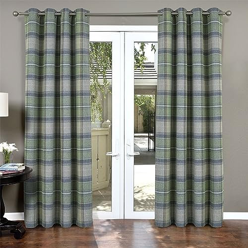 always4u 100% Blickdichter Vorhang Karierte Gardinen mit Ösen, Wärmeisolierende Verdunkelungsvorhänge für Schlafzimmer Wohnzimmer und Kinderzimmer, B140xH245cm 2er Set,Graugrün Modern