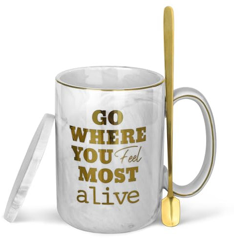 fanquare Marbling Coffee Mug with Coaster Spoon, 440ml Ceramic Milk Mug Sets with Handle, Modern Porcelain Mug for Party Office, Microwave Safe