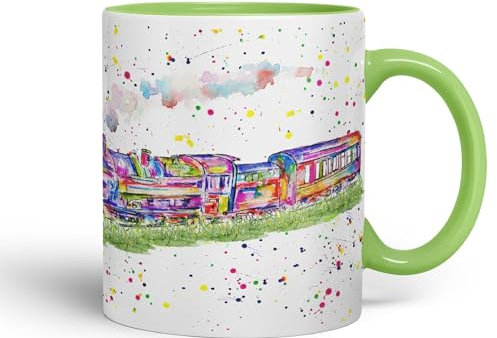 Vixar Steam Train Watercolour Art Coloured 330 ml Mug Cup Gift Birthday Work Office Tea Coffee (L Green)