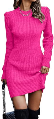 ticticlily Vestido de Punto Mujer Invierno Elegante Vestido Manga Larga y Cuello Redondo Vestido Jersey Lápiz Básico Vestidos Cortos de Fiesta Casual A Rojo Rosa M