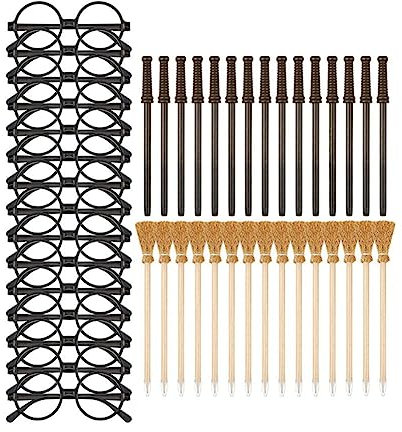 Kahdsvby Lot de 45 crayons et baguettes magiques avec balai de sorcière, cadre rond, crayons et lunettes sans lentille, accessoires de fête à thème bâton de sorcière en plastique