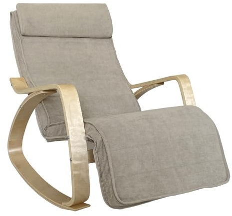 Brigros WeHome Swing Amor Fauteuil à Bascule avec accoudoirs en Bois, Rocking Chair, Fauteuil à Bascule avec Repose-Pieds réglable, Fauteuil Salon, Chaise de Chambre à Coucher (Tissu, Beige)