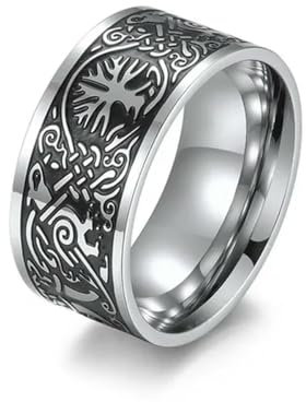 YAHOYA Vintage 10mm Edelstahl Baum des Lebens Odin Krähenring Nordic Viking Keltischer Knoten Herren Ring Schmuck