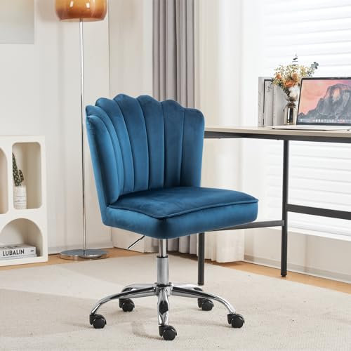 WOEOA Bürostuhl Samt,Drehstuhl,Mädchen Schreibtischstuhl,Höhenverstellbar Muschel Stuhl,360° Drehbar Rollen Computerstuhl,für schminktisch,Bürodame (Blau)