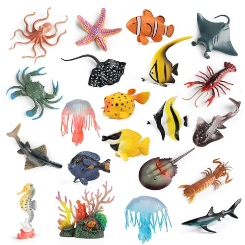 kukifun Sea Animals Toys Figures 21Pcs, Plastic Marine Creature Shark Fish Starfish Crab Lobster Octopus Seahorse Coral Jellyfish Ocean Life for Kids Birthday Party Favor Cake Decoration