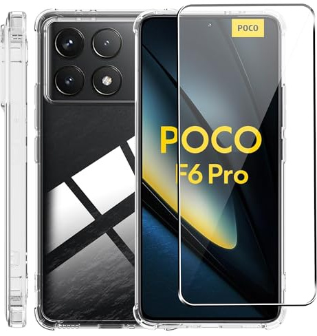 zZjoOoj Funda de silicona transparente para Xiaomi Poco F6 Pro + [Pack de 1] Protector de pantalla de cristal templado con esquinas protectoras a prueba de golpes, Funda protectora transparente, Funda