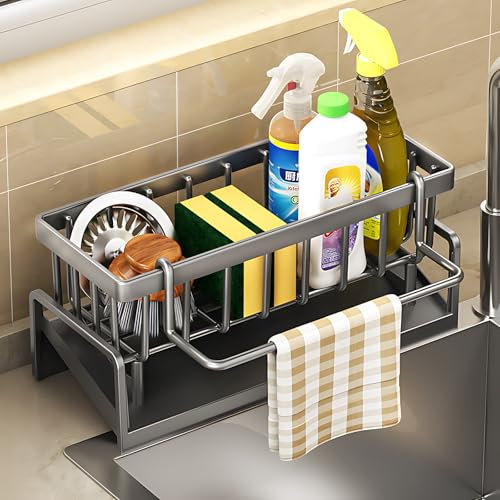 SAODSAUH Spülbecken Organizer mit Abtropfschale, Organizer Schmal Küchen Organizer Edelstahl mit Rutschfesten Clips für Badezimmer Küche Spüle für Lappen Bürsten Schwamm und Seife