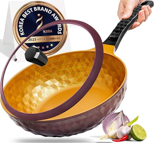 Diamond X Premium - Padella wok antiaderente con coperchio, 28 cm, fondo piatto grande, wok cinese, wok e padelle, antiaderente, rivestita in titanio, 8 strati, design coreano, per friggere, senza