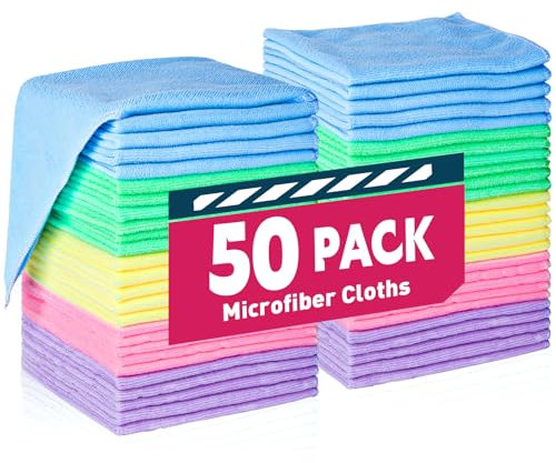 TEAWOO Microfiber Cleaning Cloth-50 Pack, Reusable Lint-Free Cloth, Bulk Microfiber Cleaning Towels for Home, Microfiber Towels for Car, 5 Colors Assorted (12x12 inches)