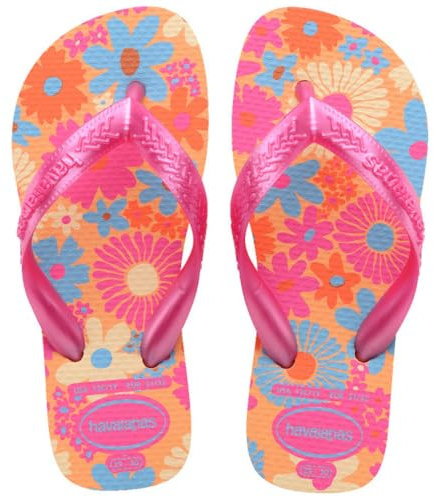 Havaianas - Kids Flores, Comfortable, Durable, and Fun Flip-Flops, Floral-Print Sole, Metallic Straps, and Non-Slip Sole, Girls, 12 UK Child