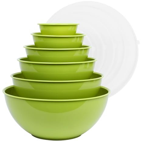 BoxedHome Mixing Bowl Set with Lid, Mixing Bowls, 12-Pack Mixing Bowl Set, Plastic Salad Bowl Non-Slip Stackable Serving Bowls for Kitchen (6 Bowls and 6 Lids, Light Green)