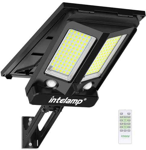 intelamp Projecteur LED Solaire Extérieur, 12500mAh 3000LM Lampadaire Solaire avec Télécommandé, 4 Modes Lampe Solaire et Deux Capteur de Mouvement pour Jardin,Garage