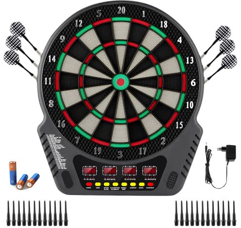 Elektronische Dartscheibe, FB-33 Elektronik Dartspiel mit 4 LCD-Anzeige E Dardboard mit 6 Dartpfeil und 24 Pfeilkopf 27 Spiele 243 Spieloptionen E-Dartscheibe mit Ladeadapter Geeignet für mehrere Spie