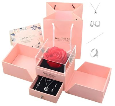 hssopa Véritable rose rouge conservée avec collier en argent sterling S925, rose éternelle avec collier « Je t'aime » en 100 langues pour petite amie, elle, allgemein, Collier, paire de bagues et