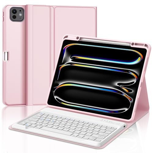 JADEMALL Coque Clavier pour iPad Pro 13 Pouces (M4) 2024, AZERTY Français Clavier Magnétique Détachable Bluetooth pour iPad Pro 13, Rose