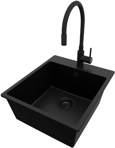 PRIMAGRAN Granitspüle ab 45er Unterschrank + Küchenarmatur, 43x50cm | Set: Küchenarmatur BW6020 + Ablauf-Set (Siphon, Ablaufgarnitur, Überlauf) + Spülbecken 1 Becken - Riga, Alles Schwarz