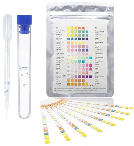 Forbabe 16 in 1 Wassertester Trinkwasser, 50 Stück Trinkwasser Teststreifen mit Teströhrchen Tropfer Wasserteststreifen für Leitungswasser Pool Spa zur Einfache Überprüfung Test Wasserhärte pH Chlor
