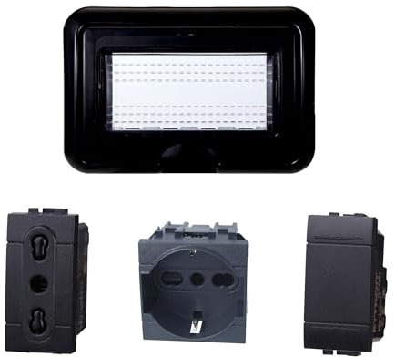 Kit Placca Scatola 504 Premontato IP55, 4 Moduli Presa Schuko + Bipasso + Interruttore, Compatibile Con Bticino Living, Colore Nero, Placca Stagna Idrobox Incasso Da Esterno