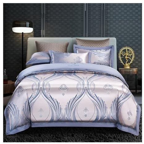 GENODA Parure de lit jacquard de luxe motif floral gris rose confortable haut de gamme brodé taie d'oreiller drap plat Queen size (style 19, drap de lit plat_queen)
