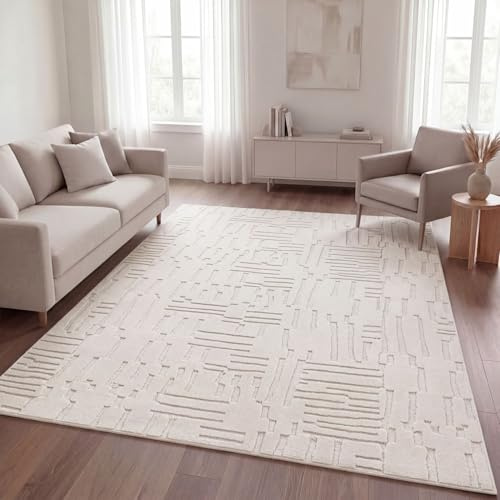 TT Home Wohnzimmer Teppich Schlafzimmer Hochflor Skandinavisches Design Unifarben Geometrisch Boho Style Modern Waschbar, Creme 6, 240x340 cm