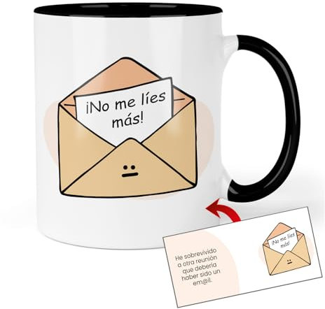 Kembilove Taza Sarcástica “¡No Me Líes Más!” | Diseño Minimalista con Sobre y Nota | Regalo Divertido para Oficina y Compañeros de Trabajo | 330ml Apta para Microondas y Lavavajillas