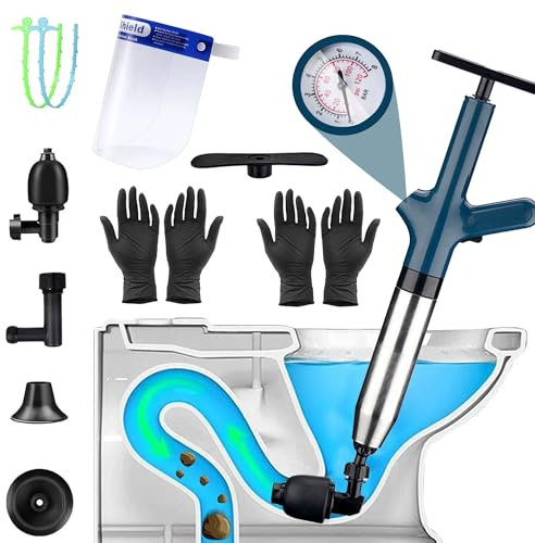 High Pressure Toilet Plunger Kit: Heavy Duty Toilet Unblocker Powerful Stainless Steel Toilets Plungers for Unblocking with 4 Replaceable Heads Visual Barometer for Bathtub Drain Kitchen Clogged