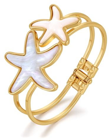 WOWORAMA Muschel Seestern Armband für Damen Blau Gold Seestern Manschettenarmbänder Doppelt Klobiges Harz Seestern Manschette Sommerarmband Strand Ozean Muschel Armbänder