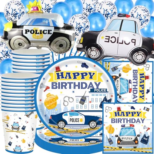Polizei Party Geschirr Set, 77Stk Polizei Party Dekorationen Zubehör, Geburtstag Dekorationen Zubehör, Verkehr Teller Tissue Papier Tassen Tischdecken, Polizei Luftballons,Geburtstag Themen